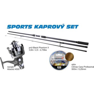 Kaprový set Prut Sports Black Fantom 3,60m 2,75lb 3díl.+ Naviják Sports Absolut 4500 + Silon Climax 0,25mm 500m