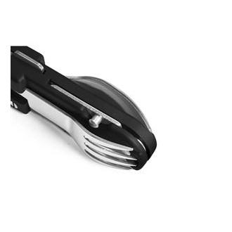 BIVOUAC CAMP KNIFE BLACK HANDLE - TEXTILE POUCH - FORK and SPOON