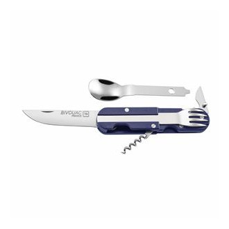 BIVOUAC CAMP KNIFE BLUE HANDLE - TEXTILE POUCH - FORK and SPOON