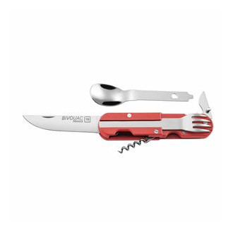 BIVOUAC CAMP KNIFE RED HANDLE - TEXTILE POUCH - FORK and SPOON