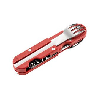 BIVOUAC CAMP KNIFE RED HANDLE - TEXTILE POUCH - FORK and SPOON