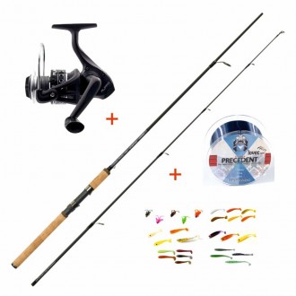 Přívlačový set Mistrall Lamberta XR Spin 2,40m 10-30g s navijákem,vlascem a gumovými nástrahami