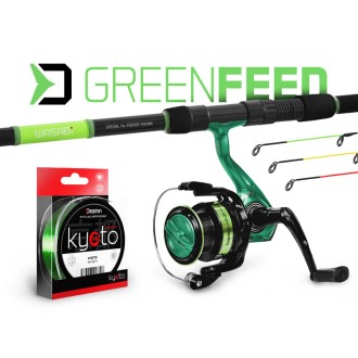 Feederový set Delphin GreenFEED 3,30m 100g + Naviják 4T + Vlasec Delphin Kyoto Fluo Zelený 0,26mm 200m